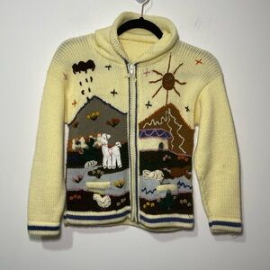 Handmade Kids Knit Zip Hoodie Jacket Llama Embroidery Village Scene Size M 8-10